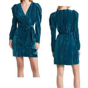 Adelyn Rae Crinkled Velvet Faux Wrap Mini Dress Long Sleeve Ruffle Teal Size L